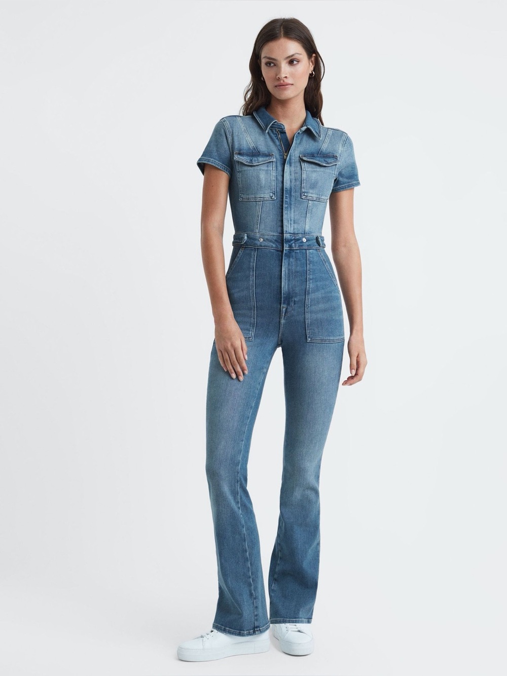 Good American Fit For Success Bootcut Denim Jumpsuit 2 Blue 274 Faded Americana
